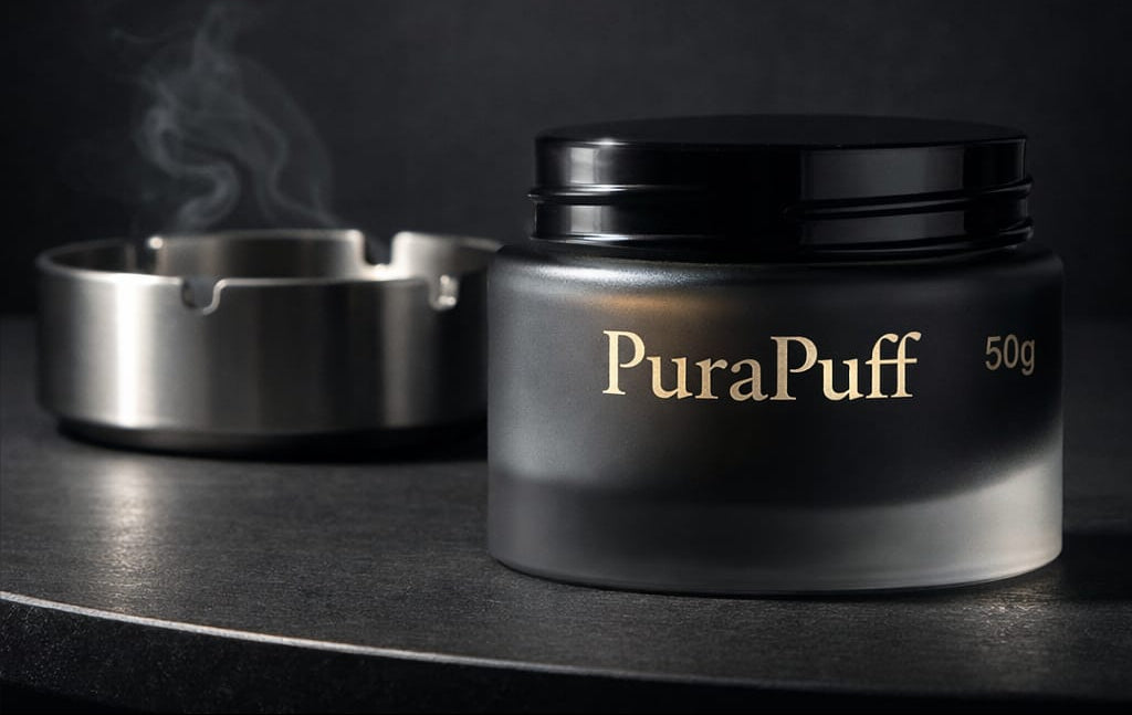 PuraPuff fire-safe ashtray activation powder container with an ashtray on a dark background