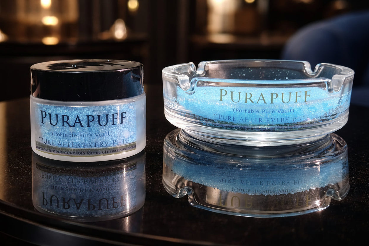 Purapuff product with blue sand-like substance on a reflective surface.