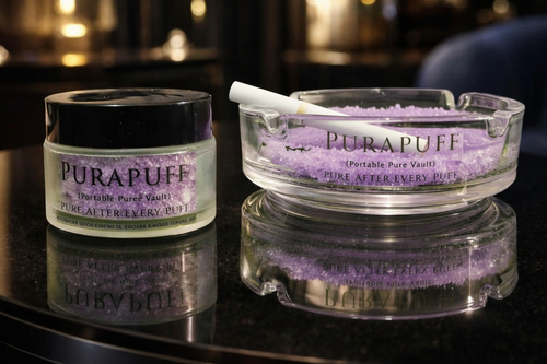 Purapuff product with white cigarette in ashtray